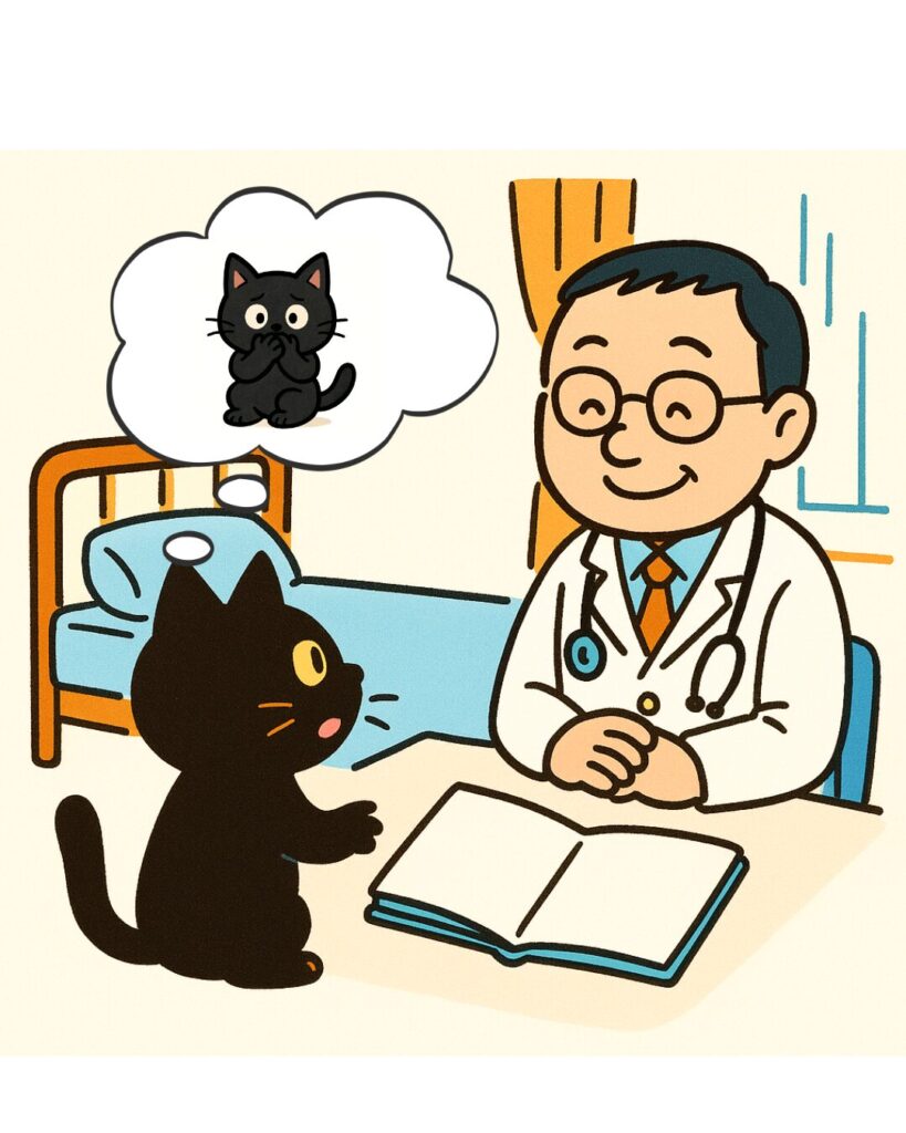 親が医師と面会している。
喋らない子供のことでリラックスしながら相談しているイラスト