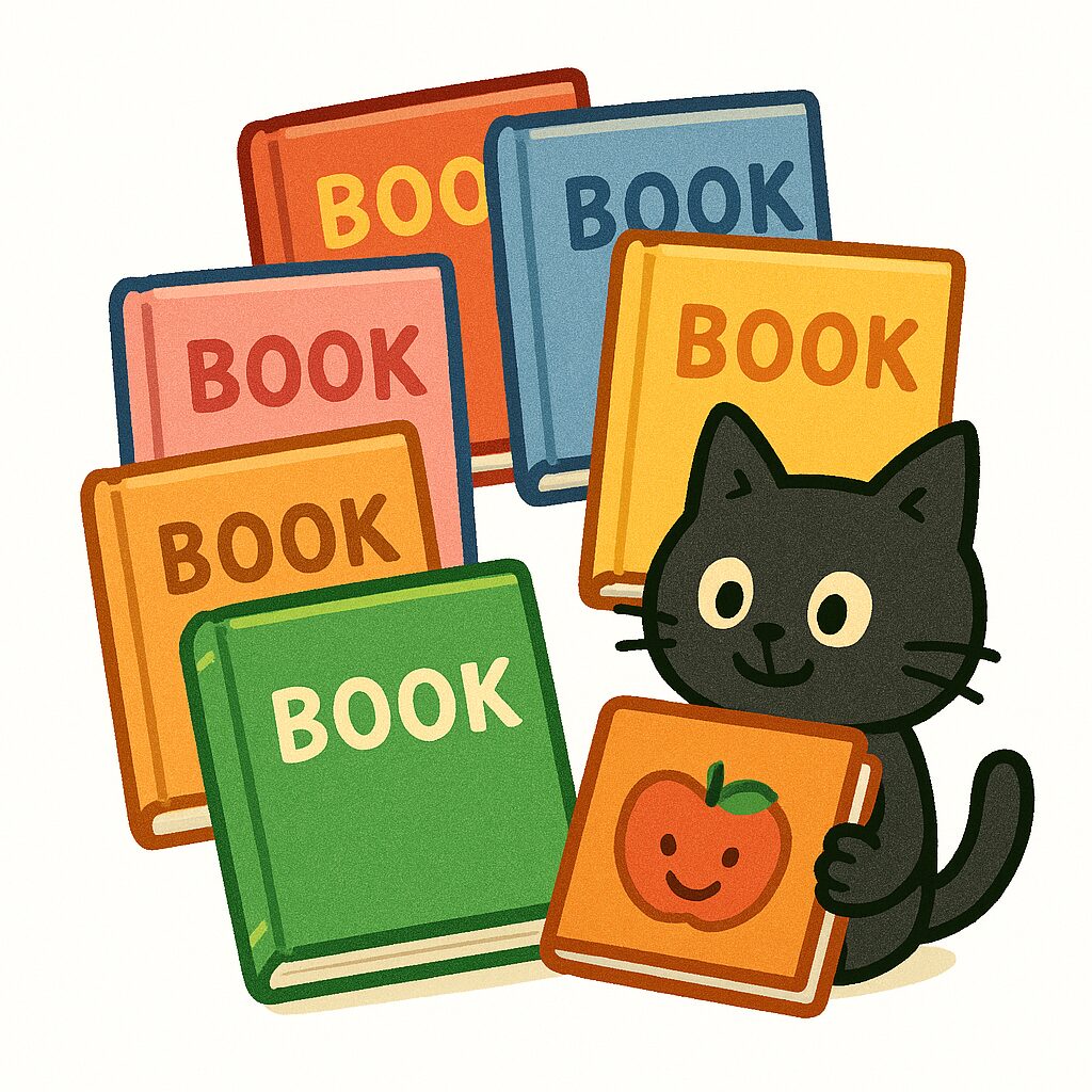 子猫が絵本を6冊紹介しているイラスト