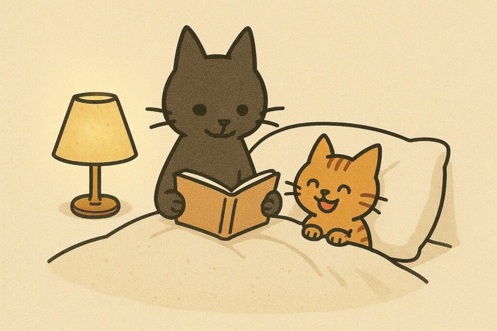 ベッドに入っている子猫に対して、親猫が優しく絵本を読んであげているイラスト