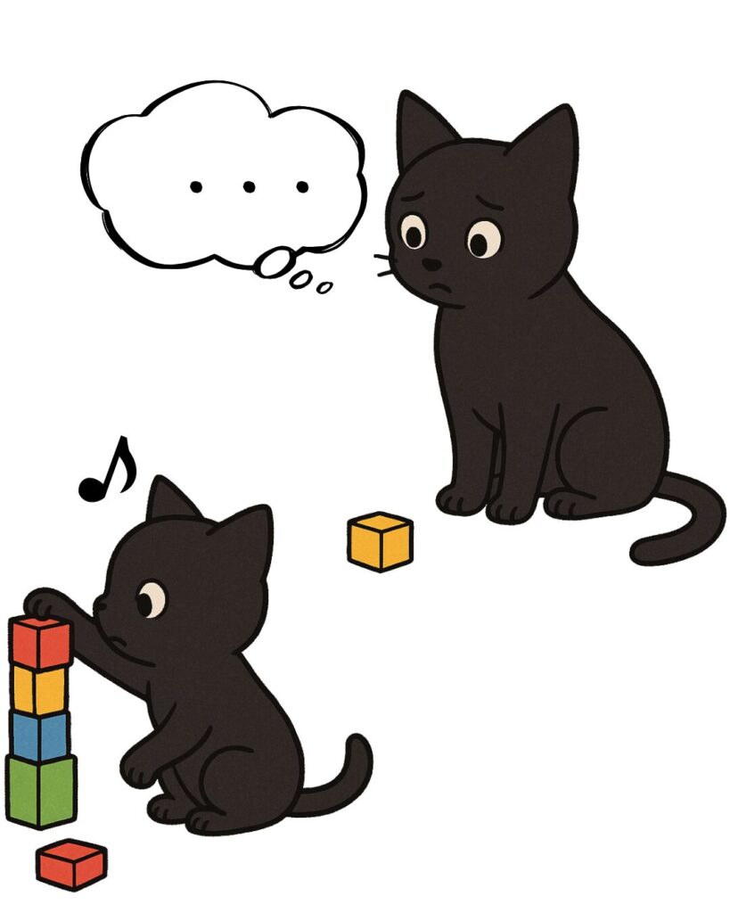 一人あそびしている子供を親が心配そうに見ている。